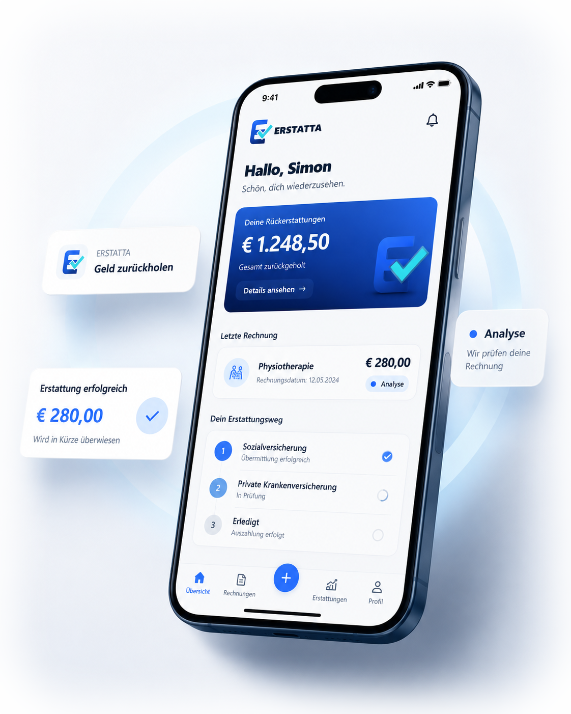 Hochwertige ERSTATTA App-Vorschau mit Rückerstattungsübersicht, Rechnungsanalyse und Erstattungsweg.